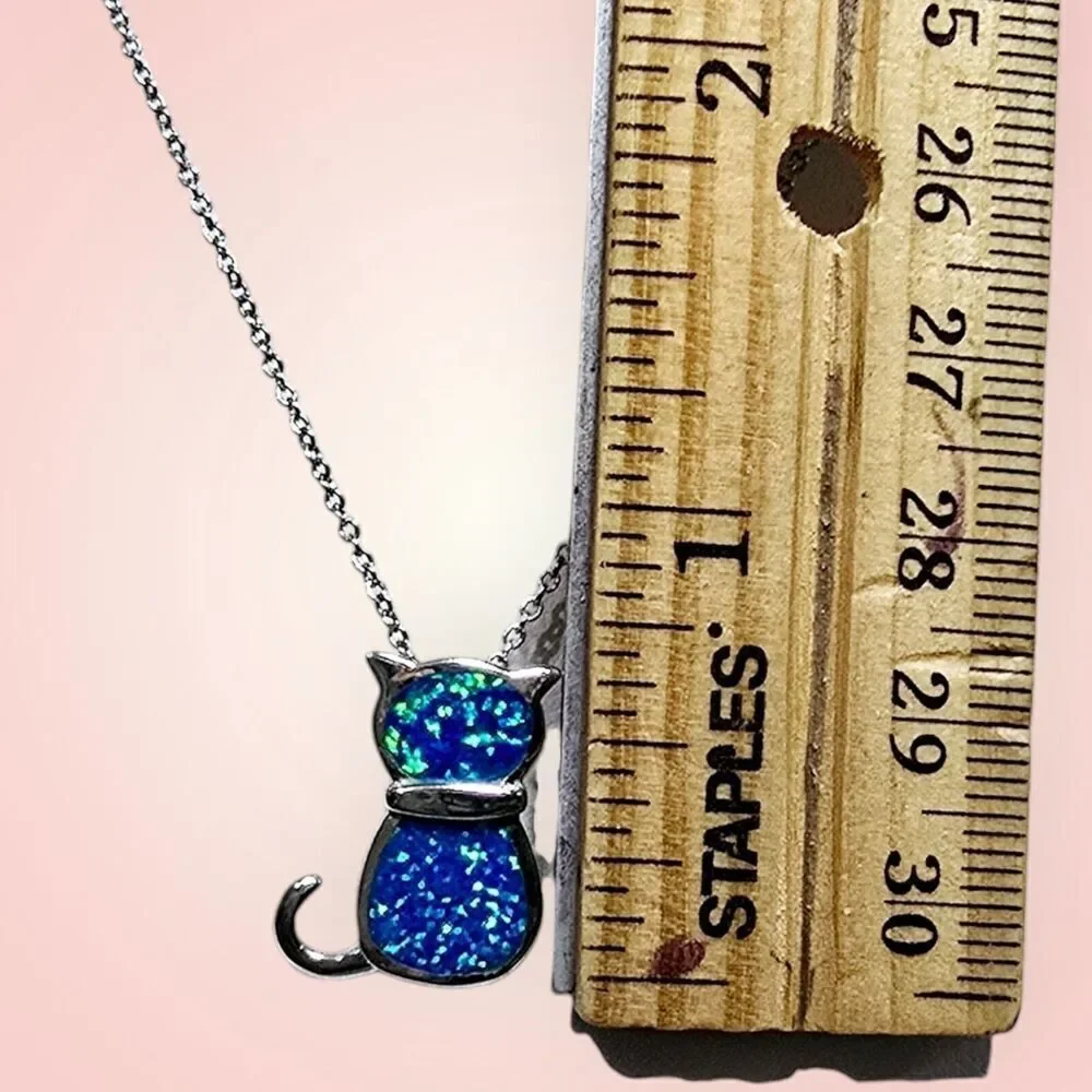 Sterling Silver 925 Rhodium Plated Lab Blue Inlay Opal Sitting Cat 18